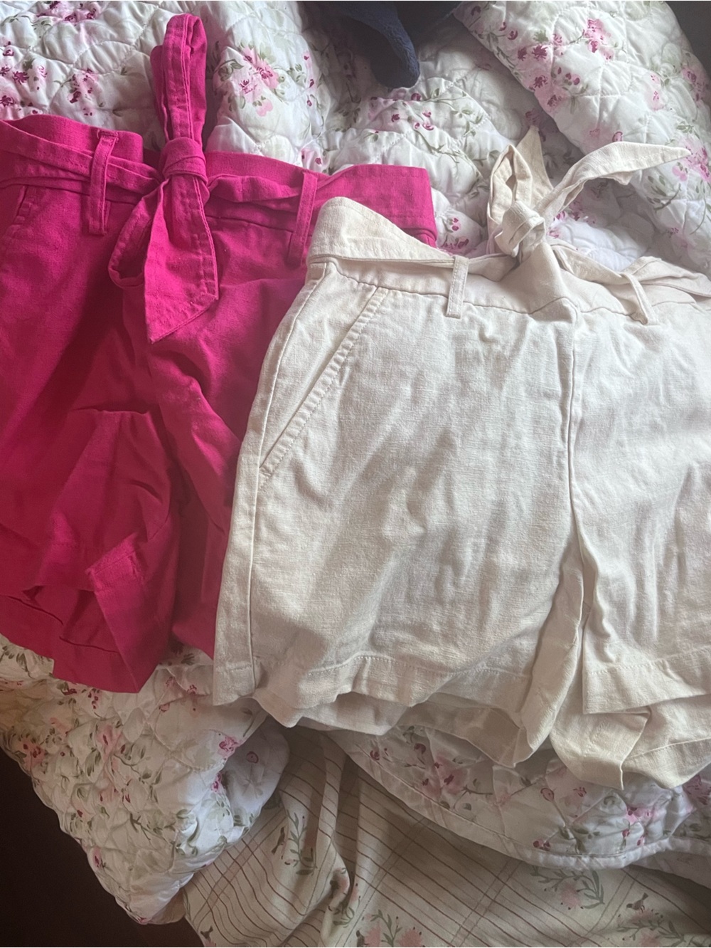 JCrew Tie-Belt Linen Shorts — Hot Pink & Cream
